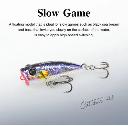 Tsurinoya CATCHER 40F topwater popper lure, iridescent silver-blue with treble hooks