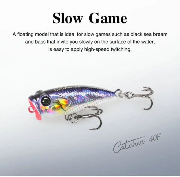 Tsurinoya CATCHER 40F topwater popper lure, iridescent silver-blue with treble hooks