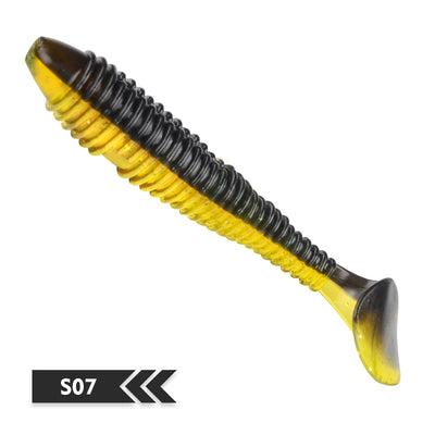 Soft T-tail silicone fishing lure, black-and-yellow striped ribbed body with paddle tail