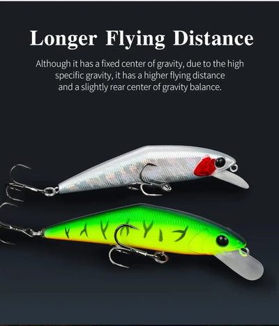Two slow-speed sinking minnow hard baits: silver and bright chartreuse with treble hooks