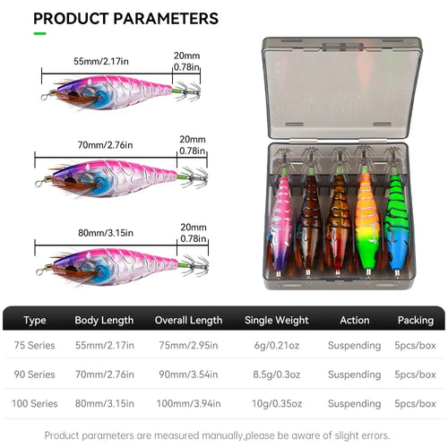 Artificial EGI squid jigs set with multiple lengths shown in open storage case