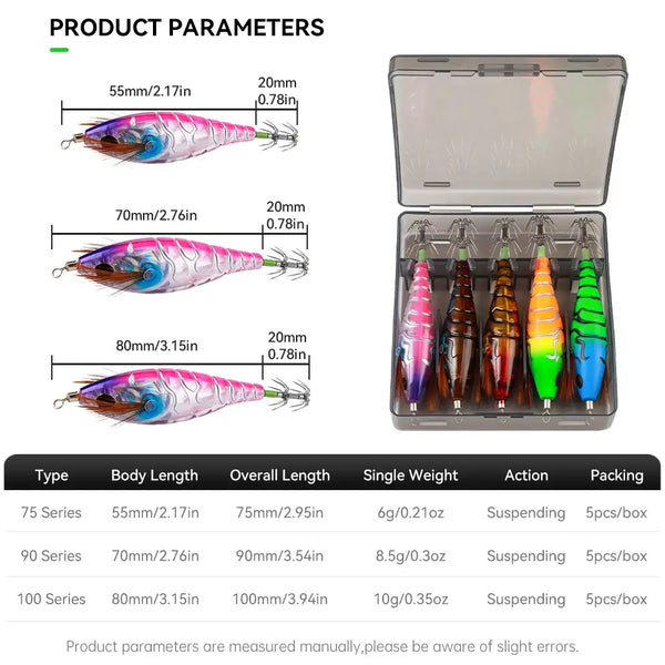 Artificial EGI squid jigs set with multiple lengths shown in open storage case