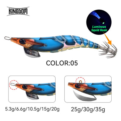 Blue-and-orange squid jig lure with luminous squid hook and double tentacle hooks