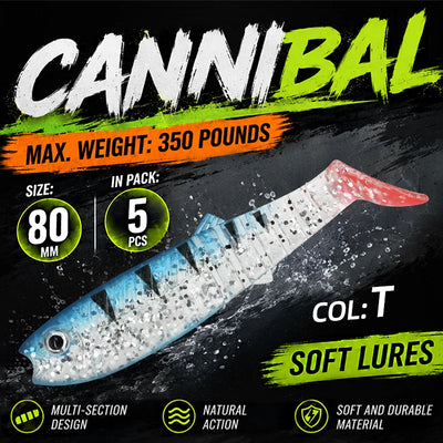 Paddle tail swimbait 5-pack in blue-silver speckled, red fin, paddle tail