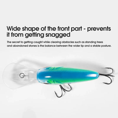 Turquoise blue minnow crankbait with clear lip and black treble hooks
