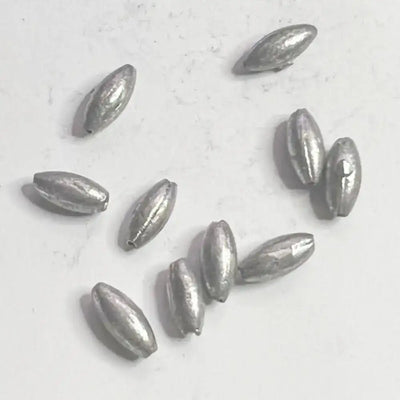 Olive hollow lead sinkers assortment, oval teardrop shapes with stamped weight numbers
