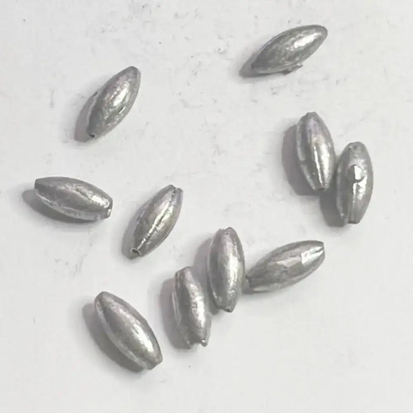 Olive hollow lead sinkers assortment, oval teardrop shapes with stamped weight numbers