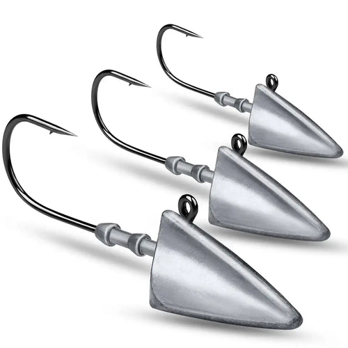 Triangle jig head long hooks with silver heads and black curved barbed hooks