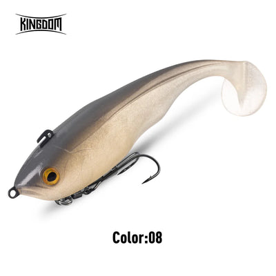 Dark gray and beige soft bait lure with T-tail, black treble hooks