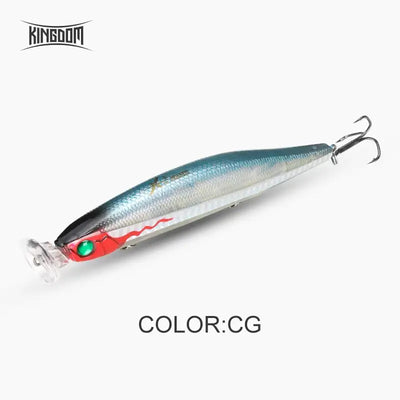 Floating pencil popper fishing lure, dark blue back, red belly, green eye and treble hooks
