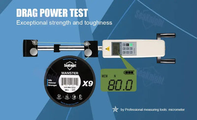 Braided fishing line spool on drag power test measuring device