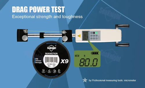 Braided fishing line spool on drag power test measuring device