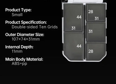 Small lure storage box showing double-sided ten-grid compartment layout