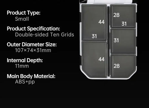 Small lure storage box showing double-sided ten-grid compartment layout