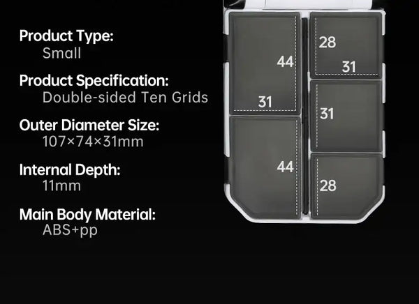 Small lure storage box showing double-sided ten-grid compartment layout