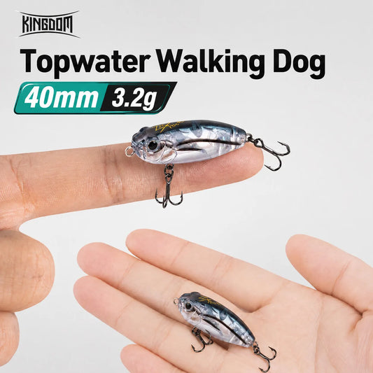 Floating pencil topwater fishing lure, metallic black-silver finish with treble hooks in hand