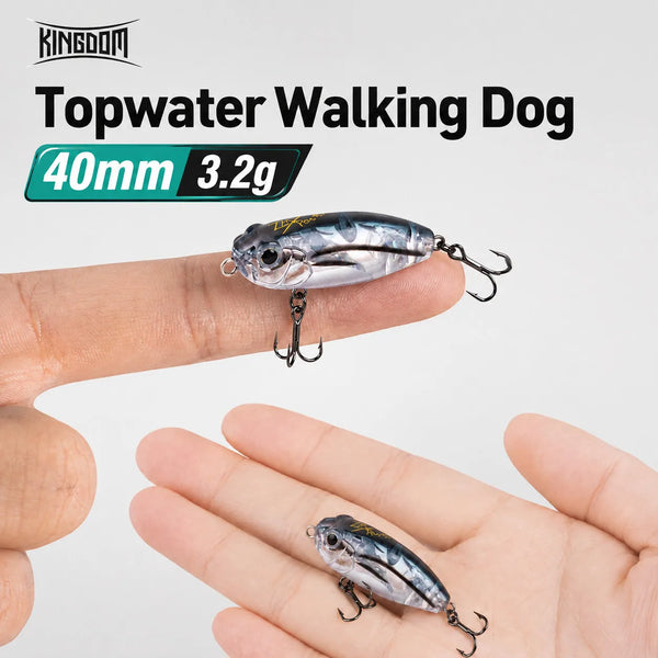 Floating pencil topwater fishing lure, metallic black-silver finish with treble hooks in hand
