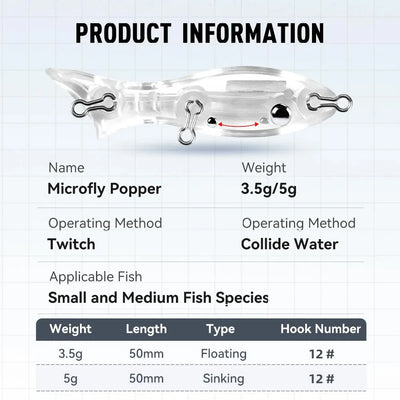 Clear minnow popper fishing lure with front lip and two treble hooks