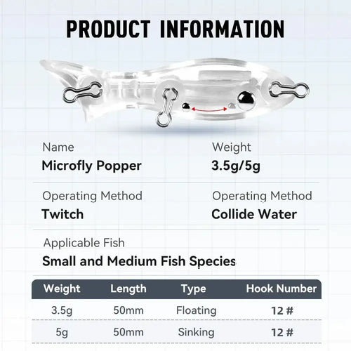 Clear minnow popper fishing lure with front lip and two treble hooks