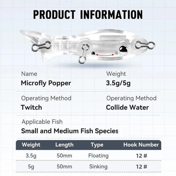 Clear minnow popper fishing lure with front lip and two treble hooks