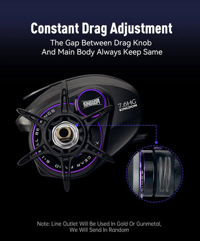 Black baitcasting reel showing drag knob and spool details with inset view