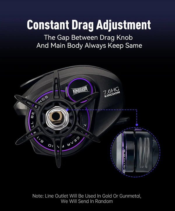 Black baitcasting reel showing drag knob and spool details with inset view