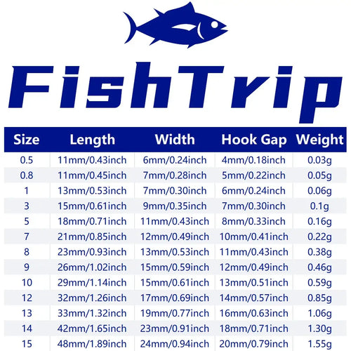 Fishing hook size chart showing length, width, hook gap, and weight