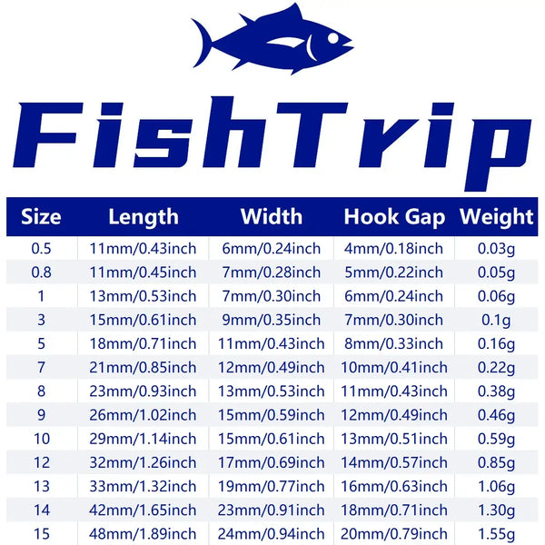 Fishing hook size chart showing length, width, hook gap, and weight