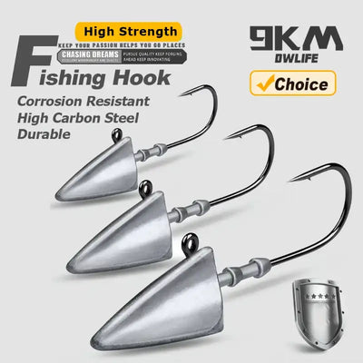 Triangle jig head long hook, silver metal head with black barbed curved fishing hook