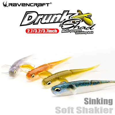 Ravencraft drunk shad soft shakier slow sinking bait in translucent orange yellow silver with blue glitter shimmer