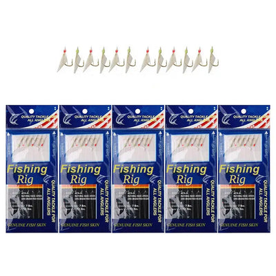 Fishing rig set with cream-white hooks, translucent bodies, and five blue blister packs.