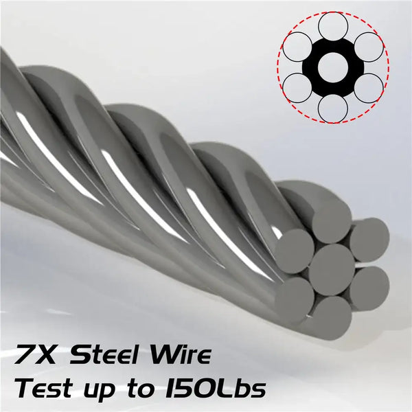 Bundle of gray steel wire leader strands, grouped as multiple sections for fishing