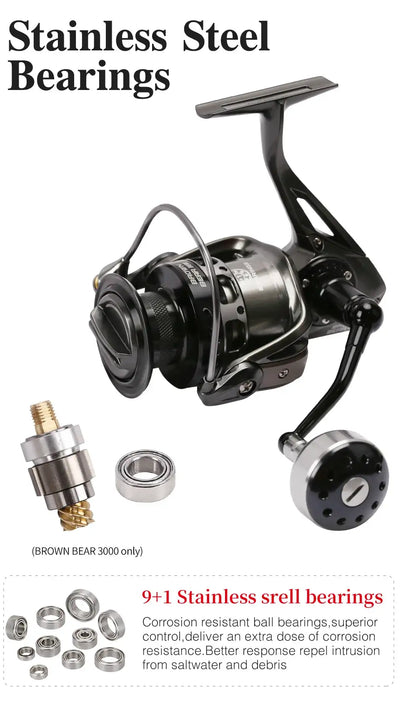 Stainless steel bearing spinning reel with silver spool and handle knob