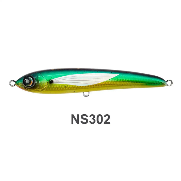 Noeby Blue Vortex floating stickbait lure color NS302, green top and yellow belly