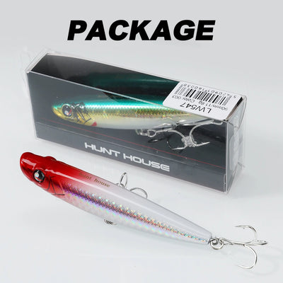 Packaged topwater popper lure, holographic silver and red bodies with treble hooks