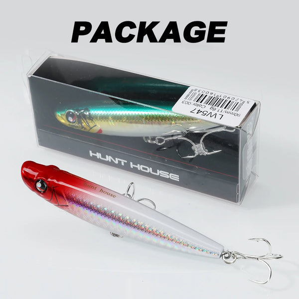 Packaged topwater popper lure, holographic silver and red bodies with treble hooks