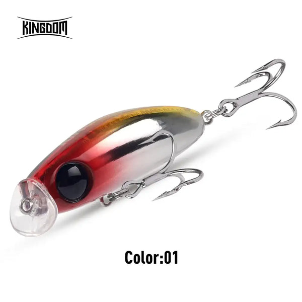 Plastic sinking minnow lure, red-silver body with clear nose and treble hooks