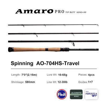 Spinning fishing rod AO-704HS-Travel with cork grip, black reel seat, and guides