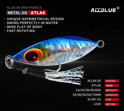 Blue and silver metal jig with red eye, black ribbed skirt, split-ring treble hook