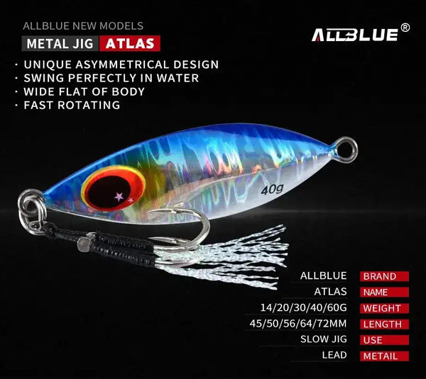 Blue and silver metal jig with red eye, black ribbed skirt, split-ring treble hook