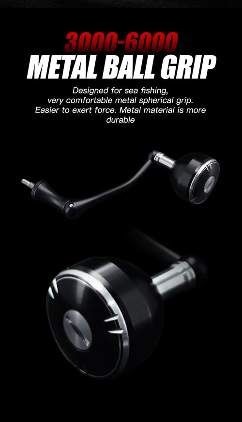 Black spinning reel with metal ball grip handle knob and front spool