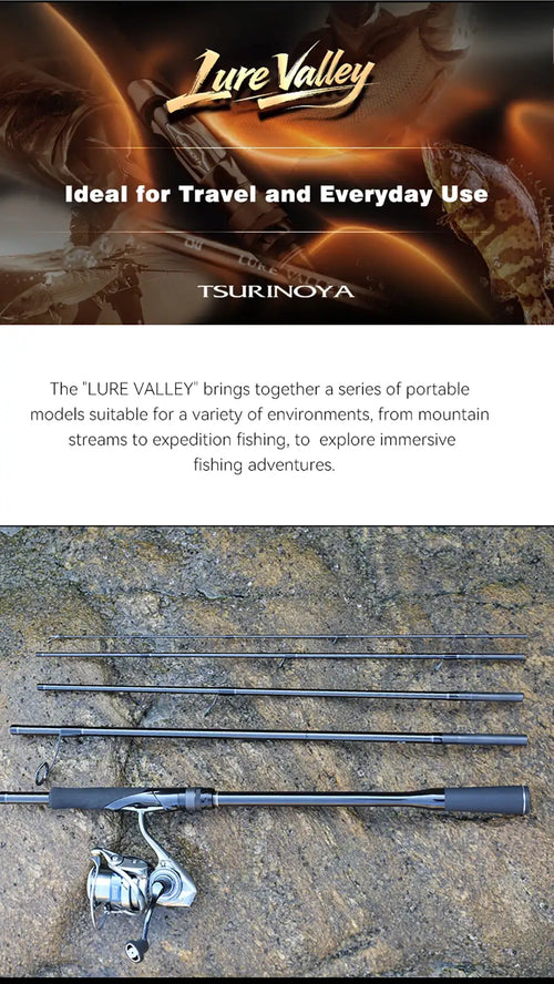 Portable travel lure rod sections laid out on rocks with spinning reel