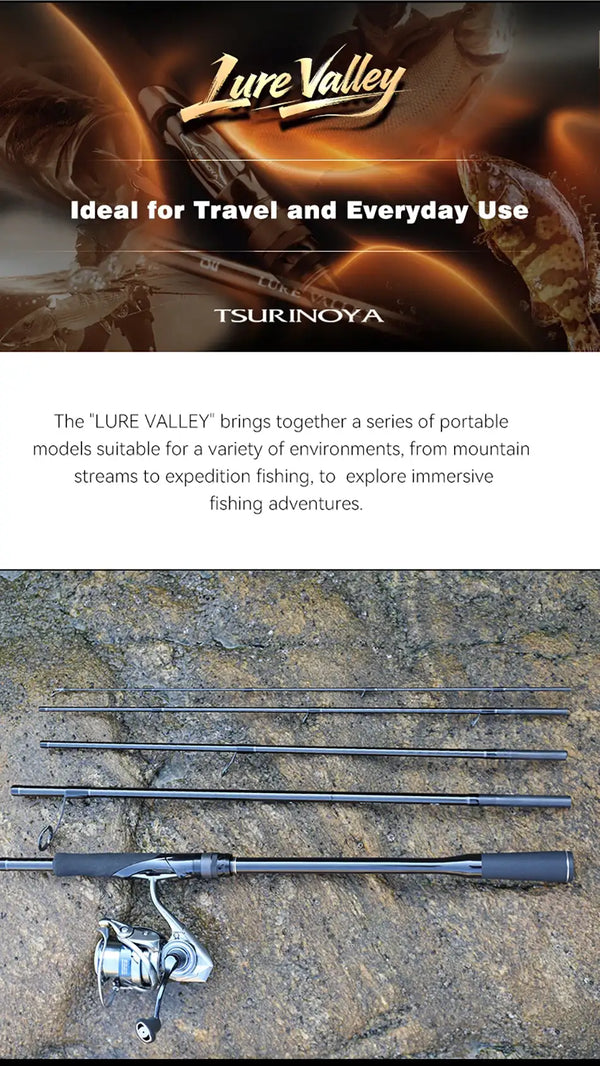 Portable travel lure rod sections laid out on rocks with spinning reel