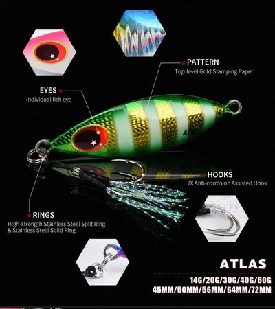Green and gold striped metal fishing jig with red eye, skirt hooks, split-ring hardware