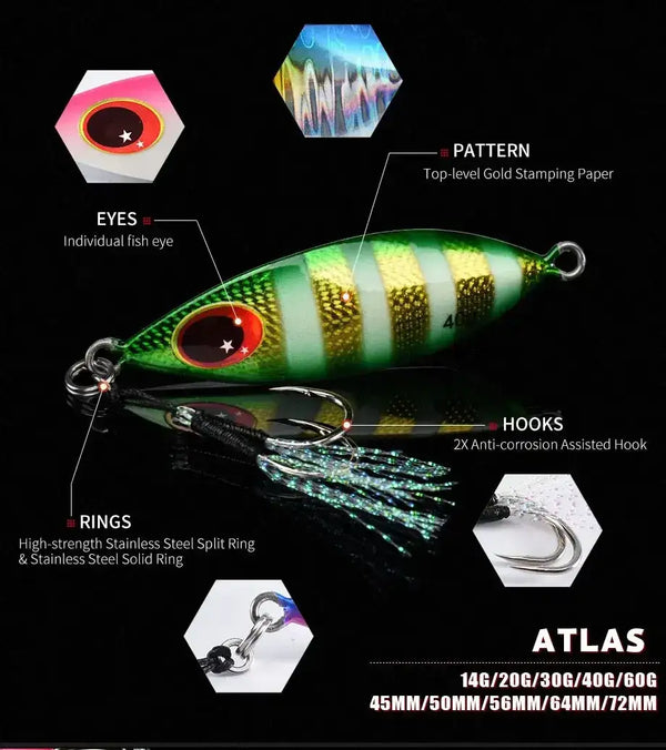 Green and gold striped metal fishing jig with red eye, skirt hooks, split-ring hardware