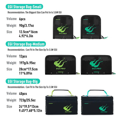 Set of black EGI storage bags (small/medium/big) with green squid icons