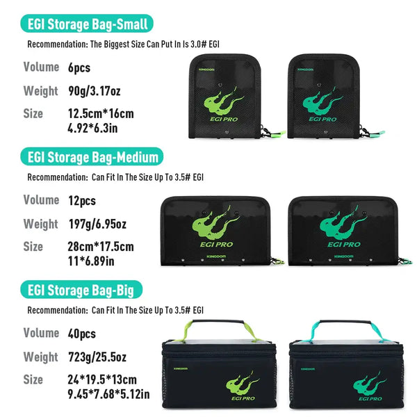 Set of black EGI storage bags (small/medium/big) with green squid icons