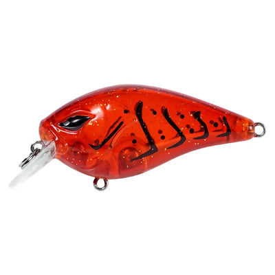 Red translucent squarebill crankbait with black markings, hook eyes, and lip