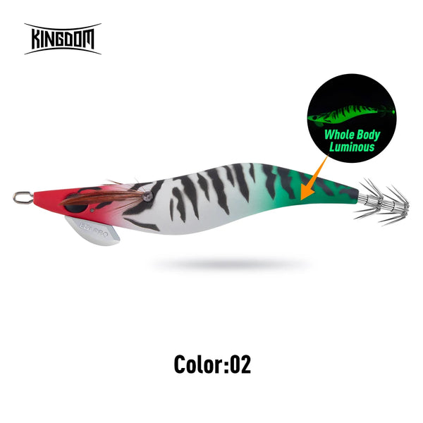 Squid jig lure color 02 with red head and green glowing belly, zebra-striped body