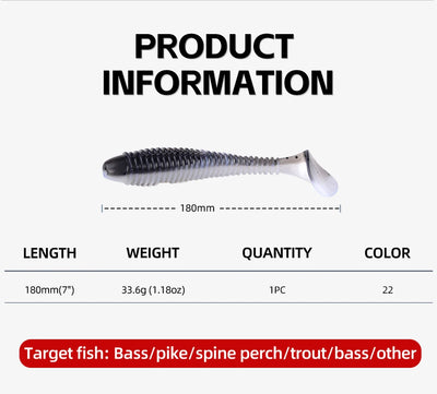 Gray-and-white silicone T-tail fishing lure with translucent paddle tail